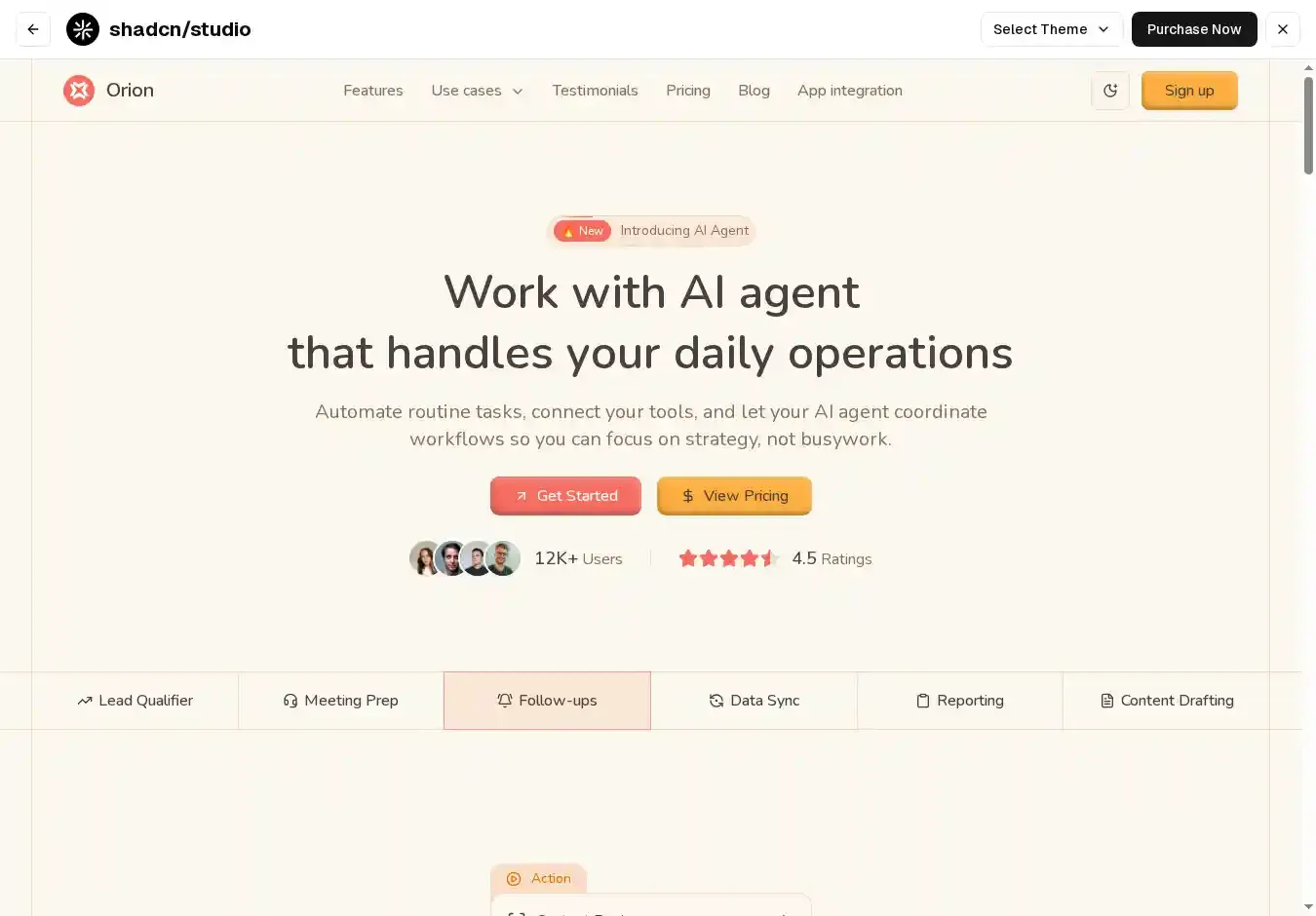 Orion home page on desktop