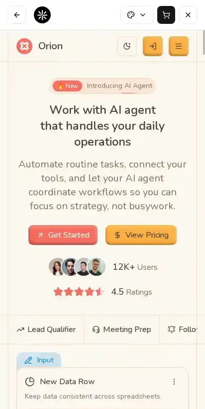 Orion home page on mobile