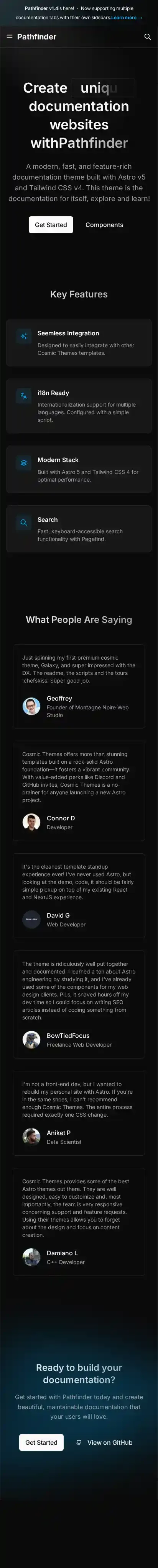 Pathfinder home page on mobile