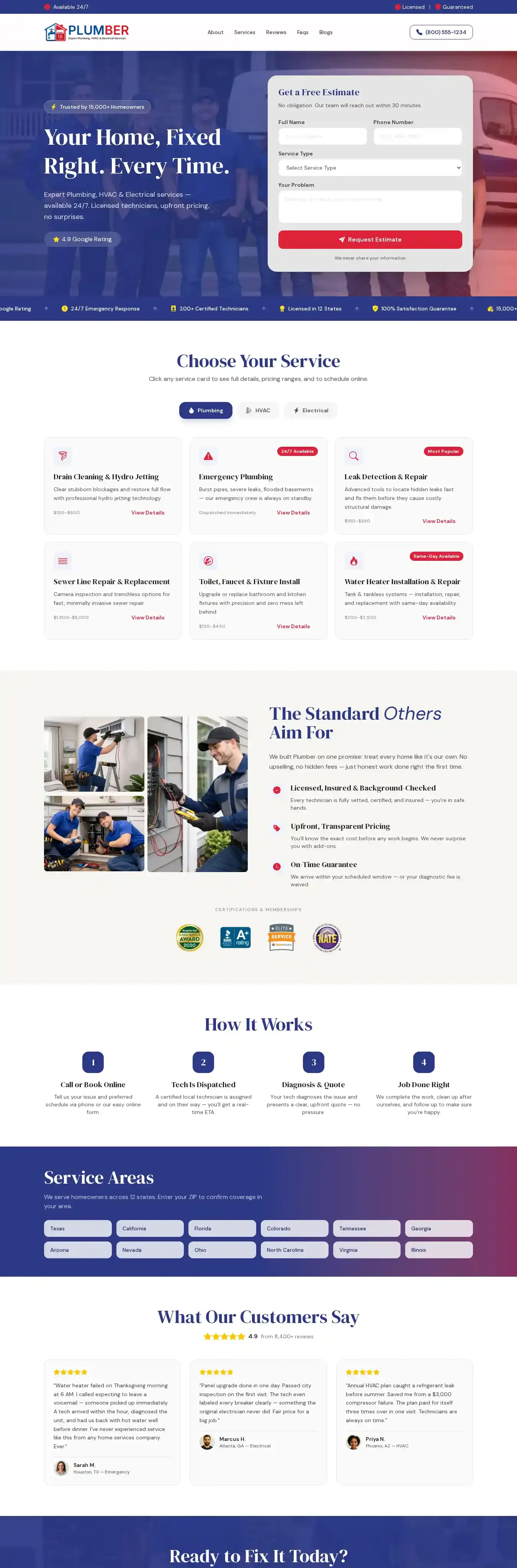 Plumber home page on desktop