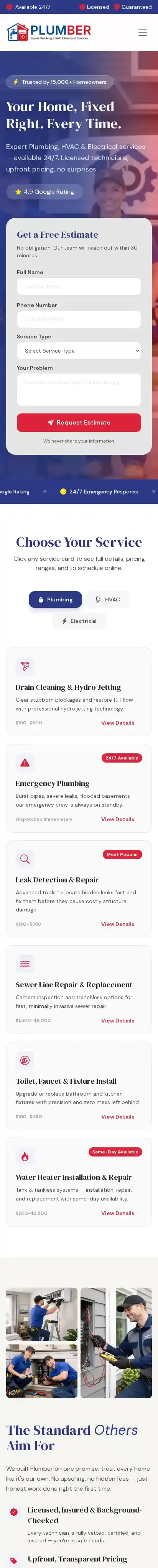 Plumber home page on mobile