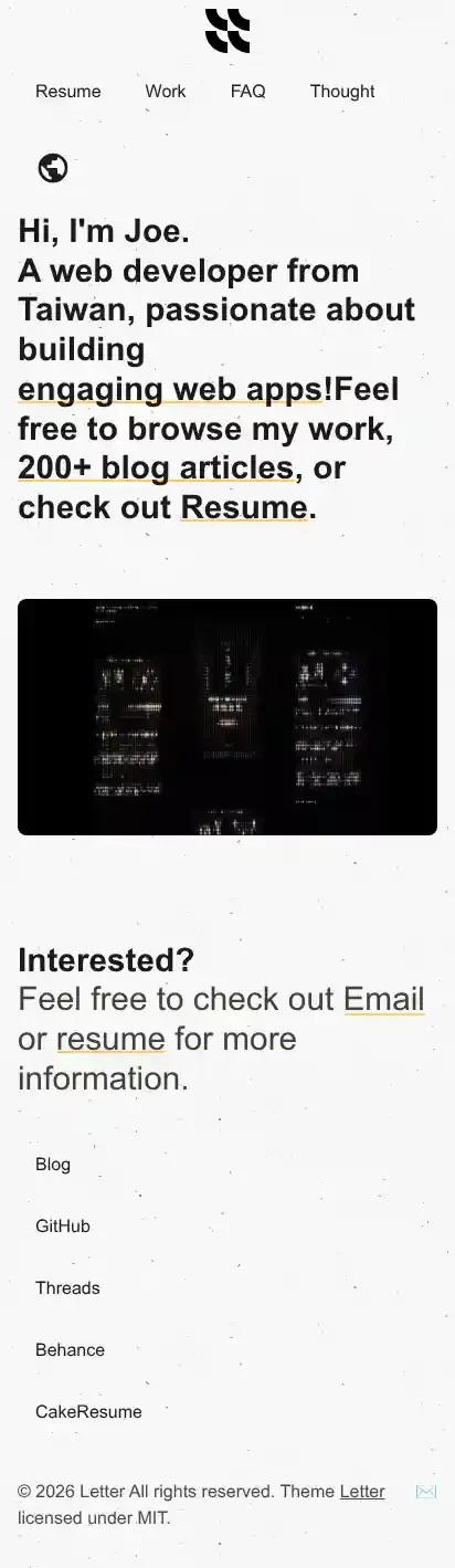Letter Portfolio home page on mobile