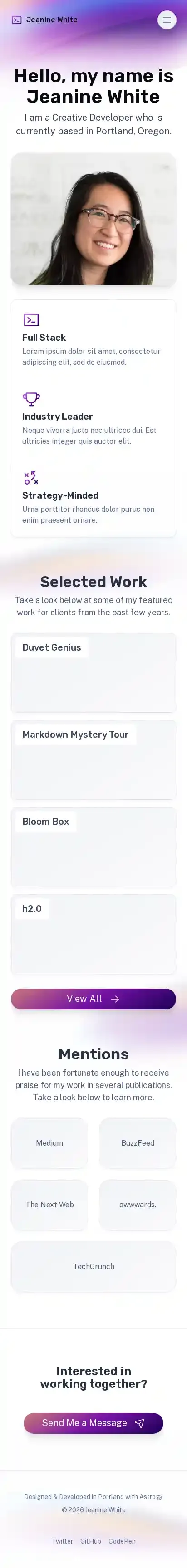 Portfolio home page on mobile
