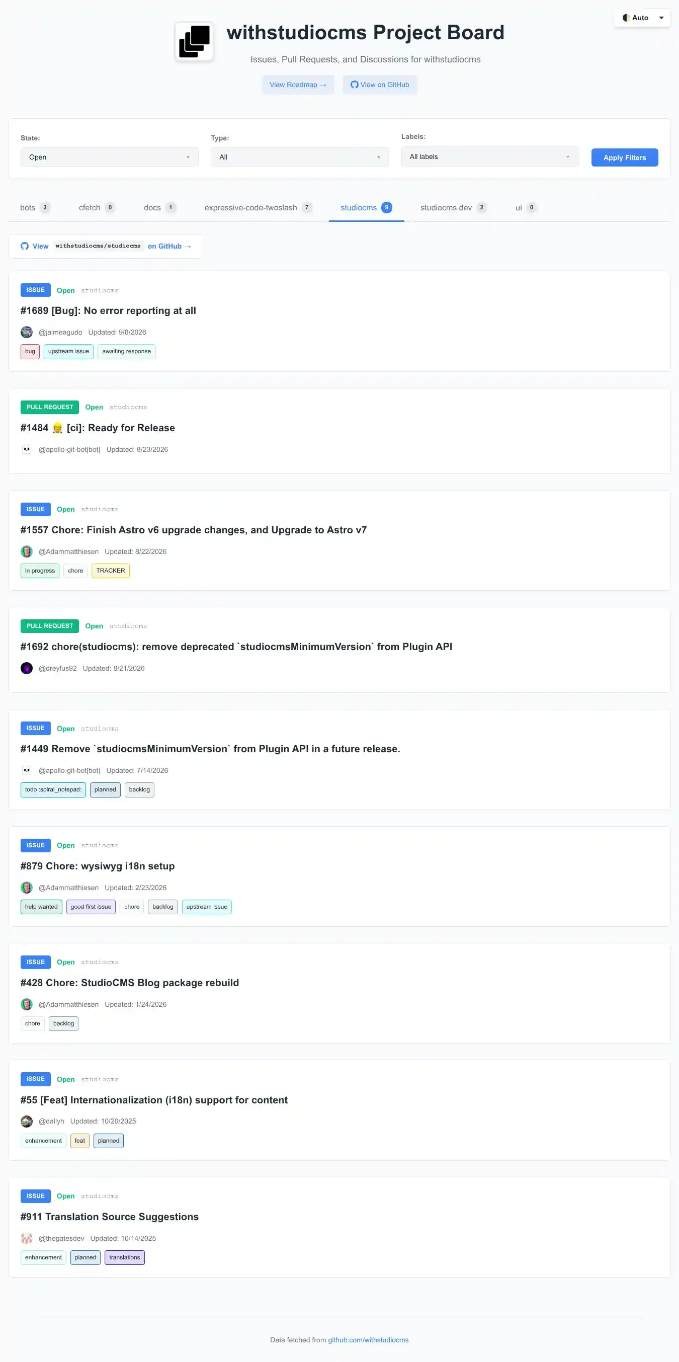 Project Board home page on desktop