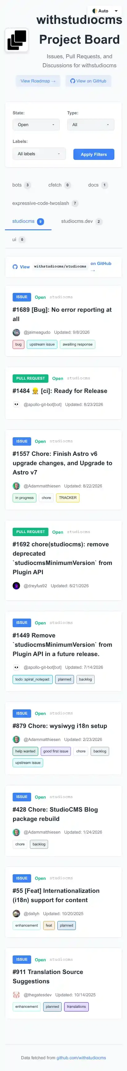 Project Board home page on mobile