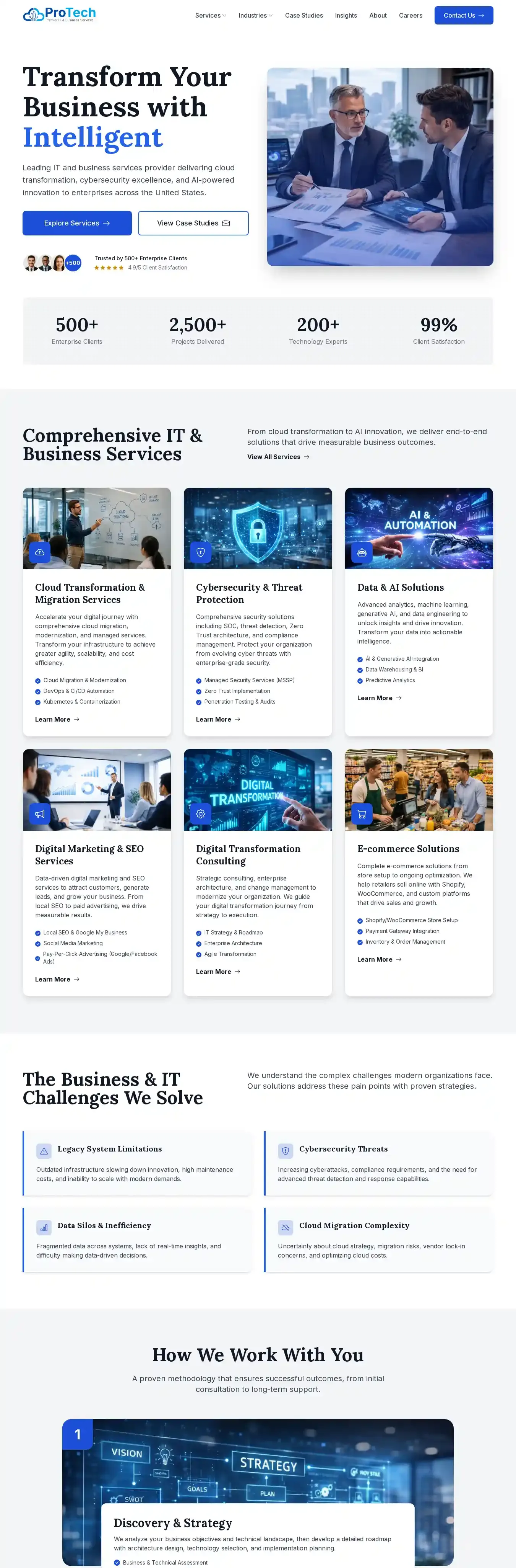Protech home page on desktop