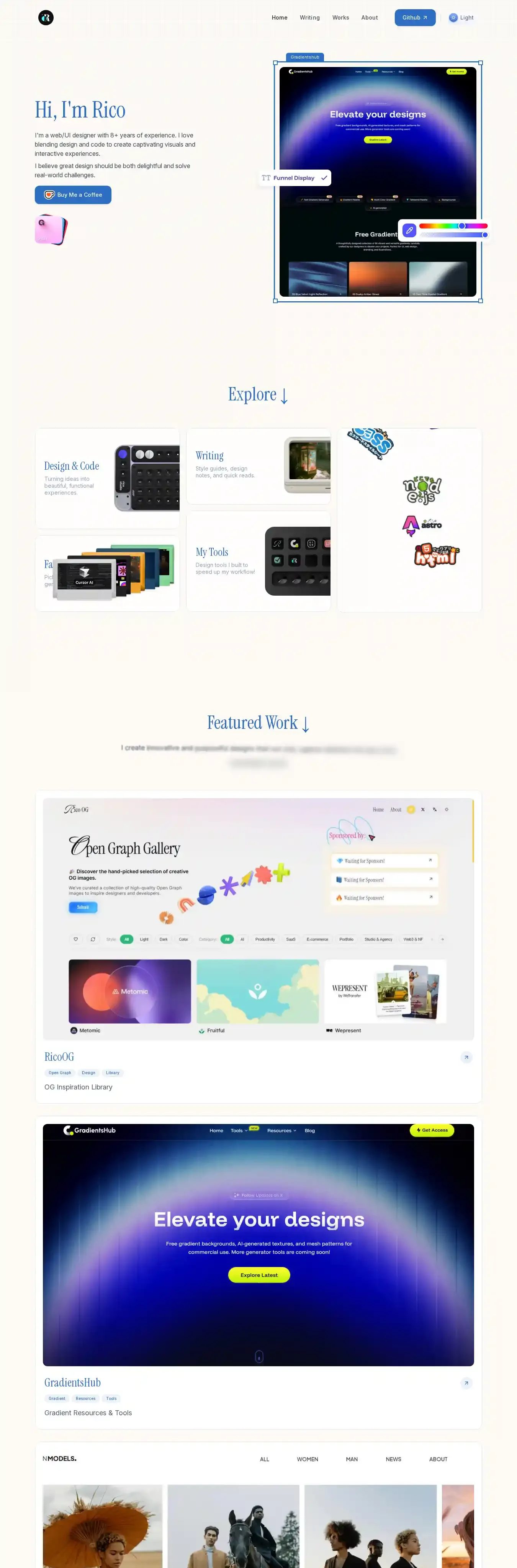 Ricoui Portfolio home page on desktop