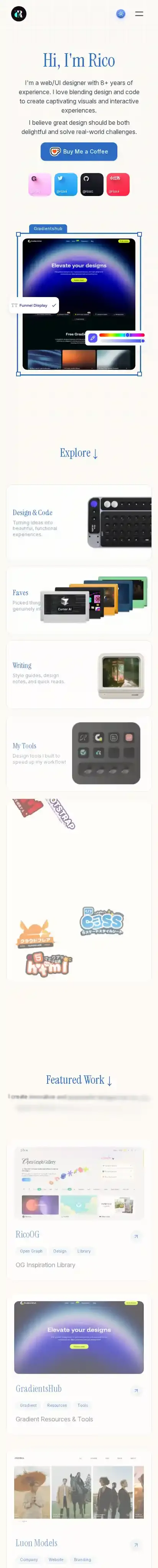 Ricoui Portfolio home page on mobile
