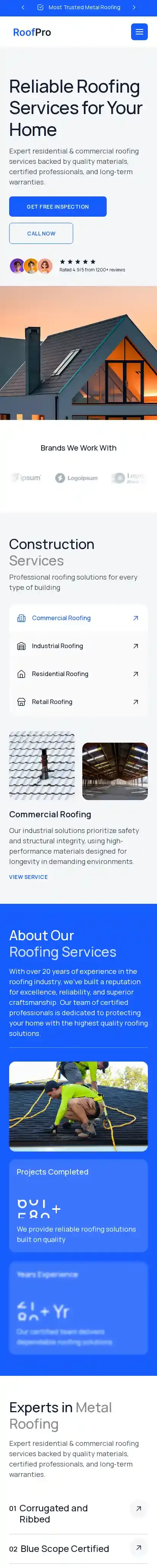 RoofPro home page on mobile