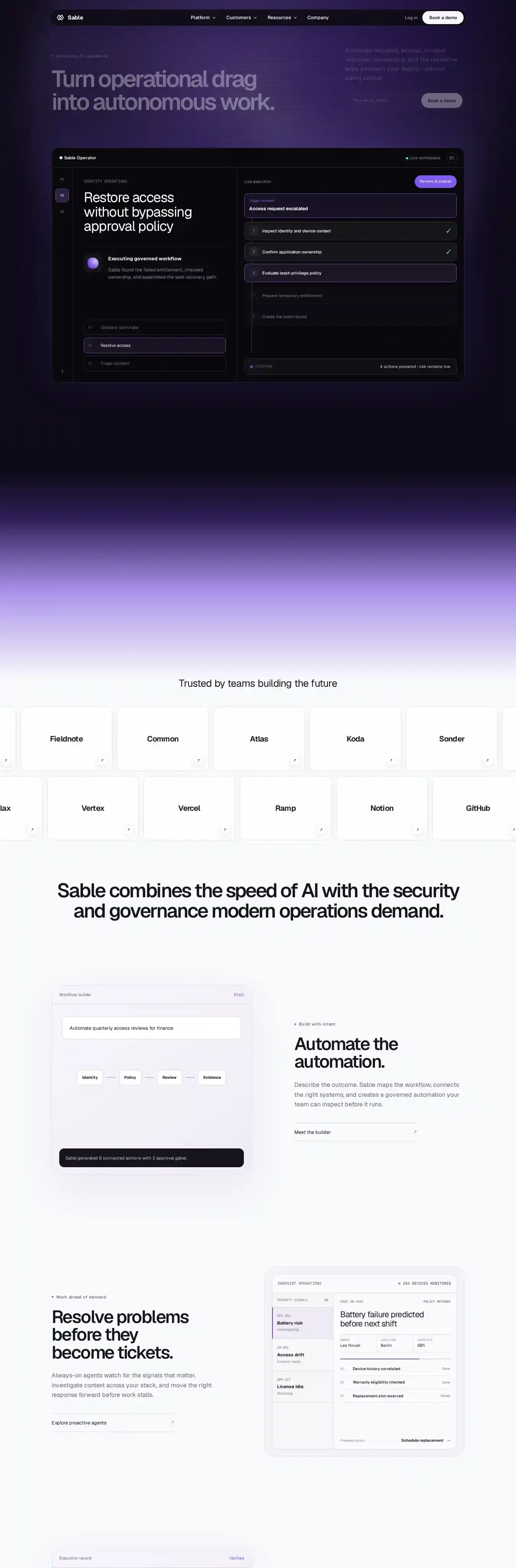 Sable home page on desktop