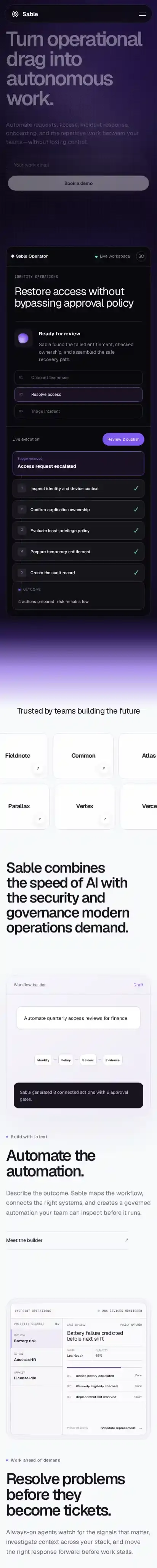 Sable home page on mobile