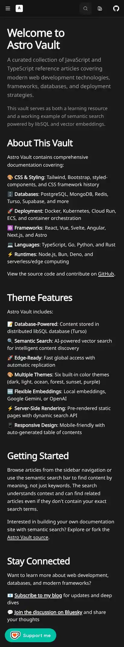 Semantic Docs home page on mobile