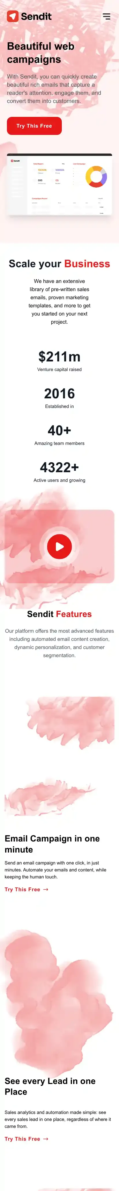 Sendit home page on mobile