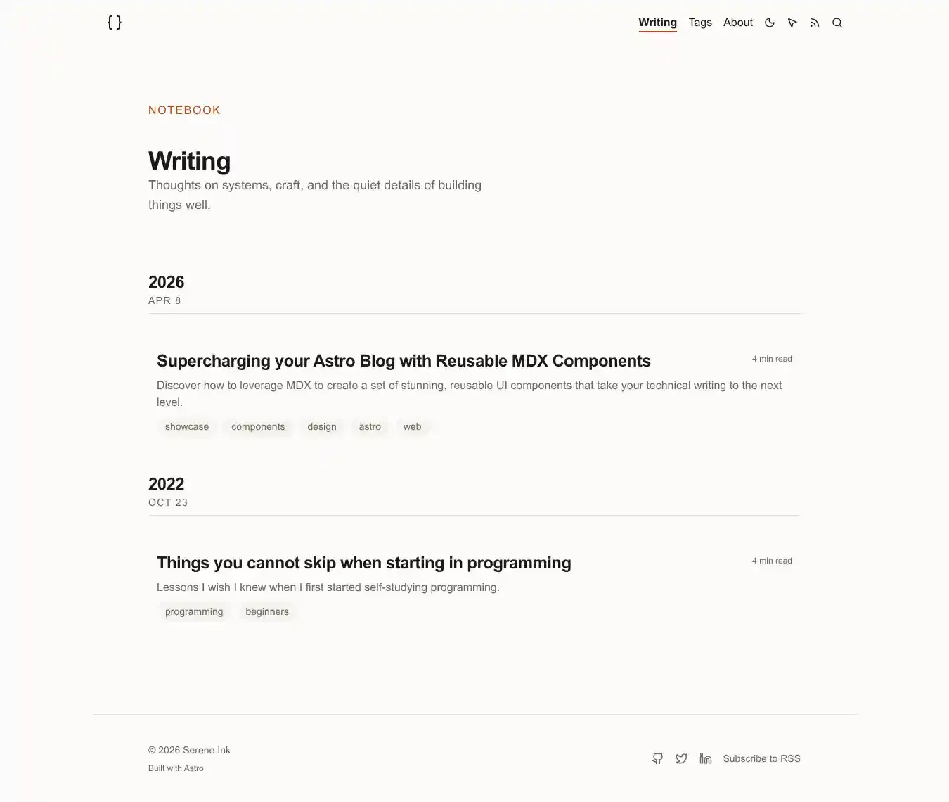 Serene Ink home page on desktop