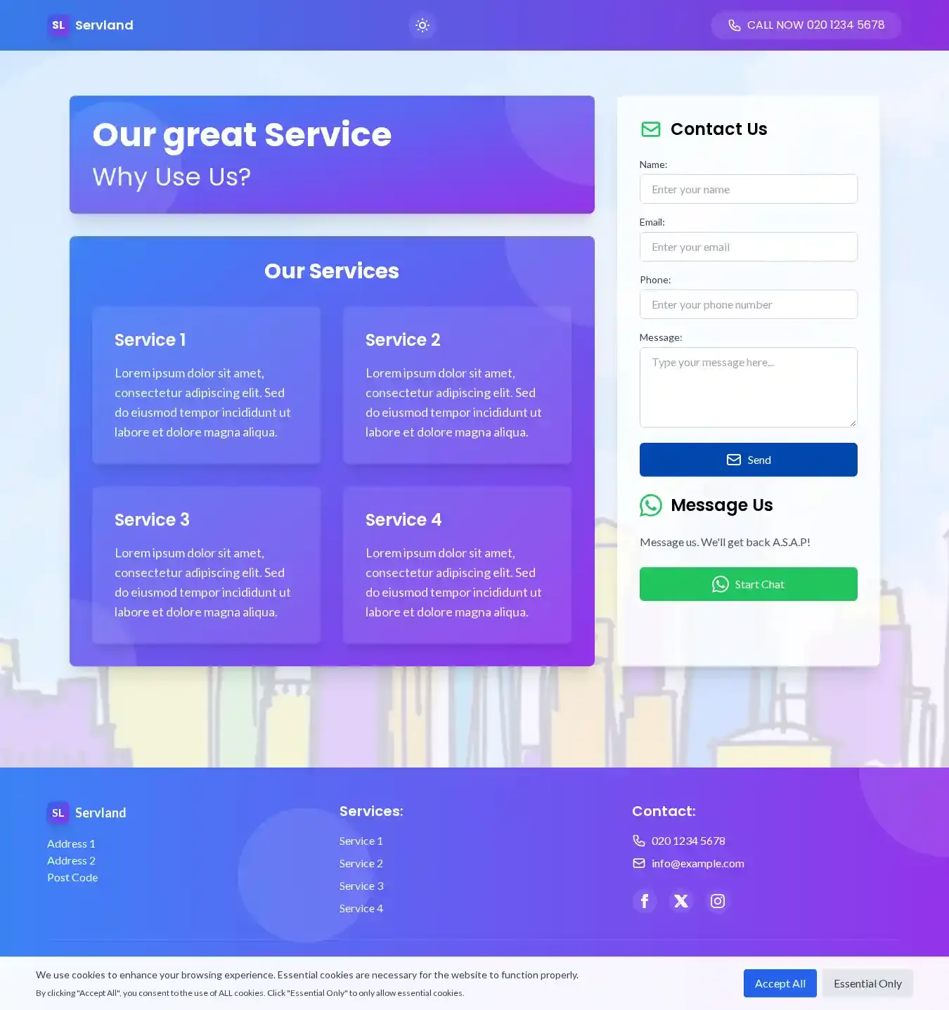Servland home page on desktop