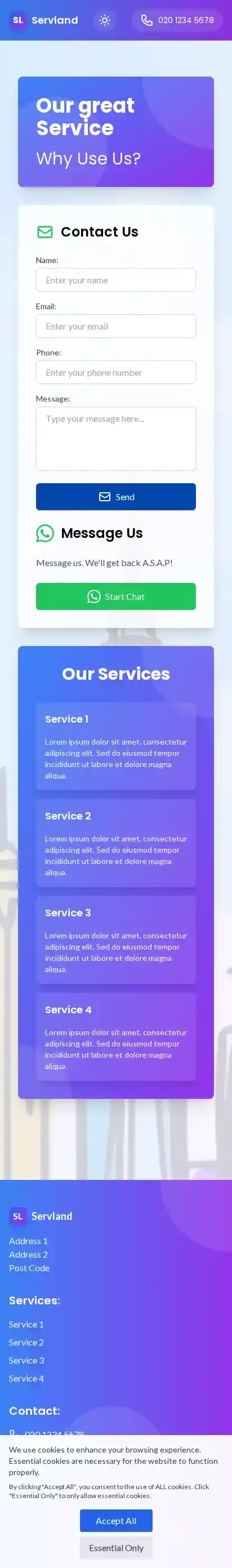 Servland home page on mobile