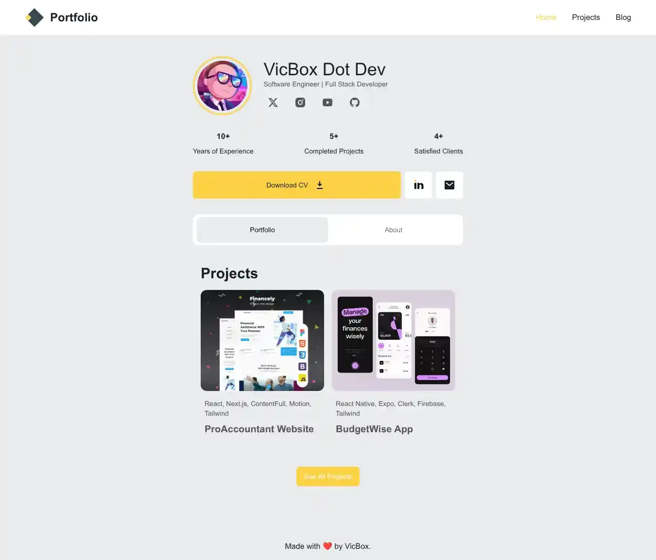 Simple Portfolio home page on desktop