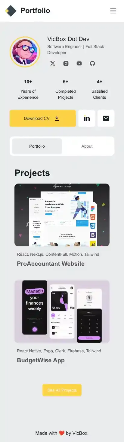 Simple Portfolio home page on mobile