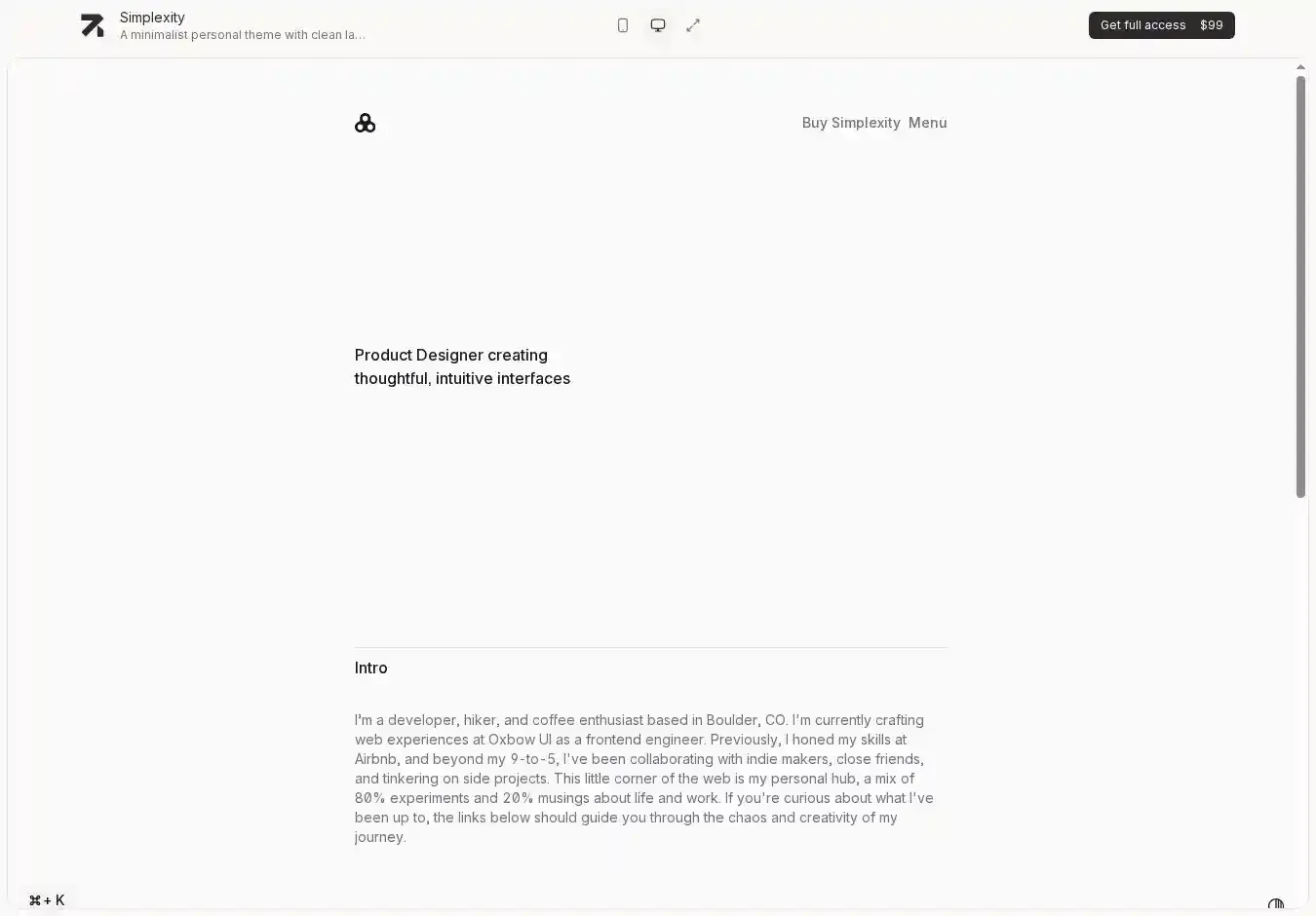 Simplexity home page on desktop