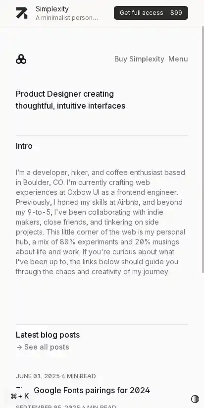 Simplexity home page on mobile