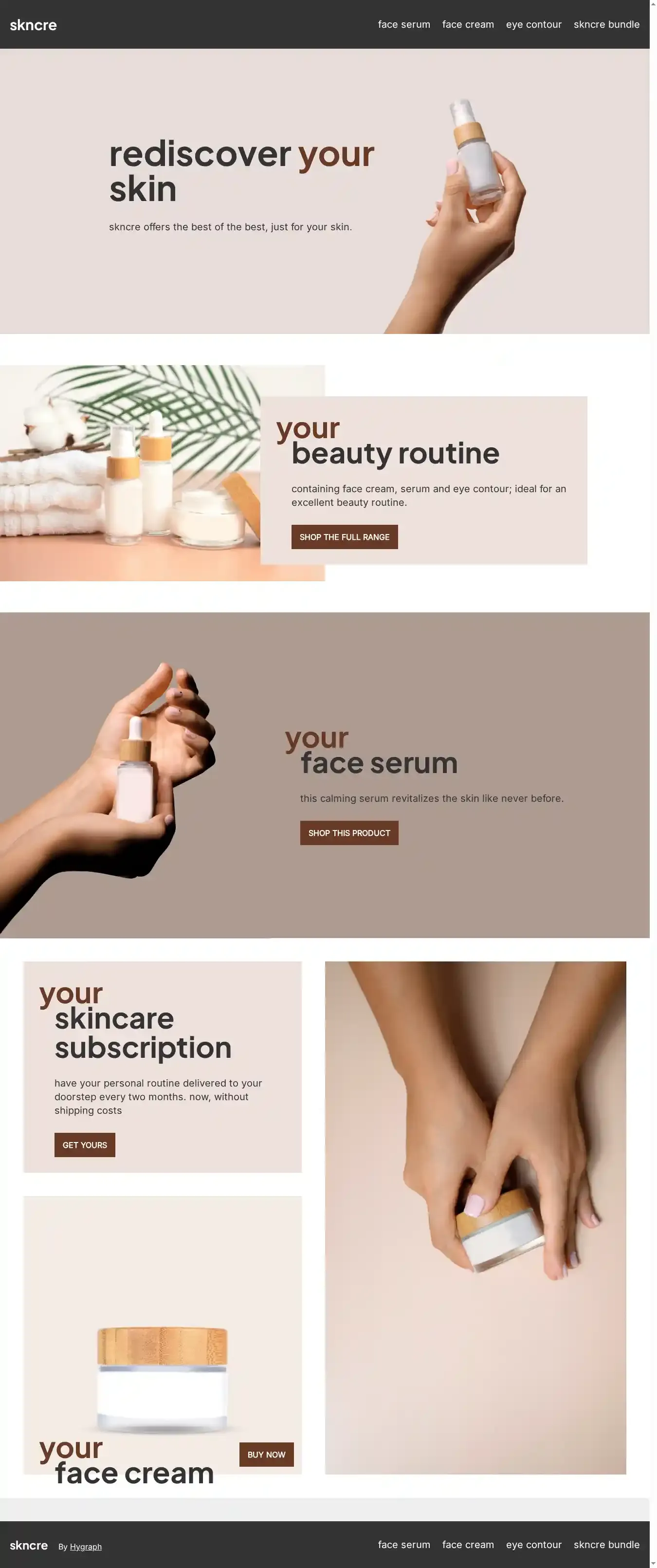 SKNCRE, a Hygraph cosmetics brand e-commerce home page on desktop