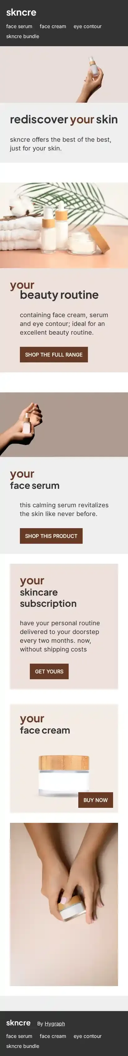 SKNCRE, a Hygraph cosmetics brand e-commerce home page on mobile