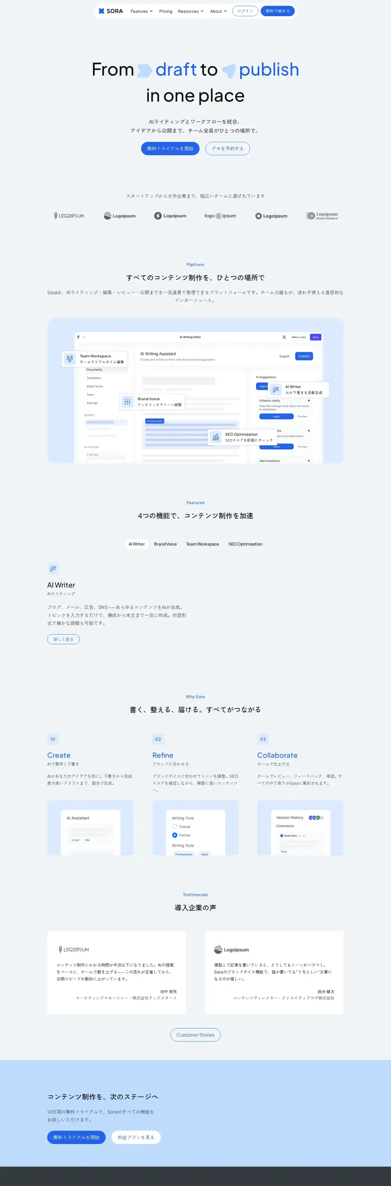 Sora / SaaS website home page on desktop