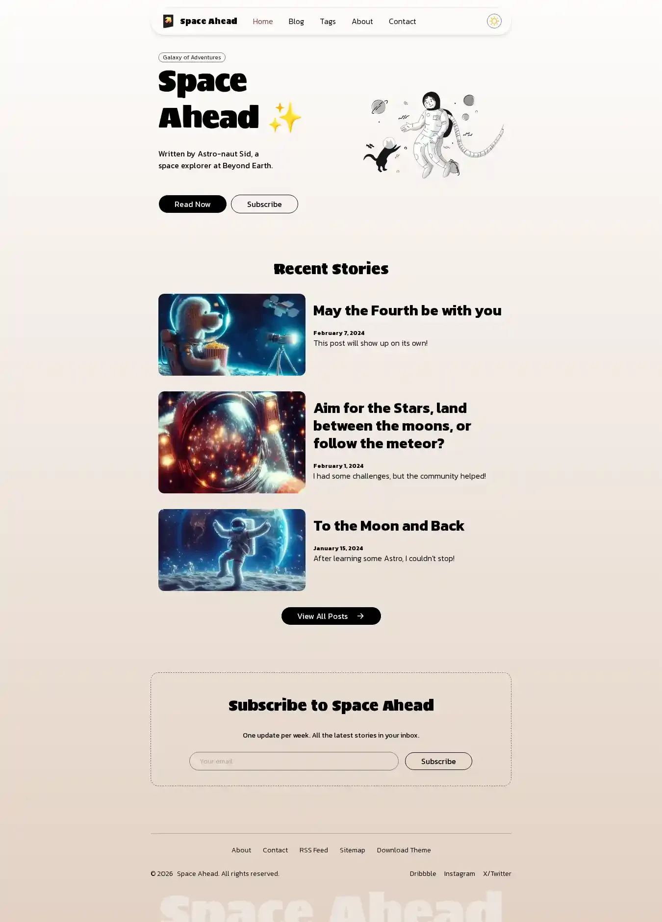 Space Ahead home page on desktop