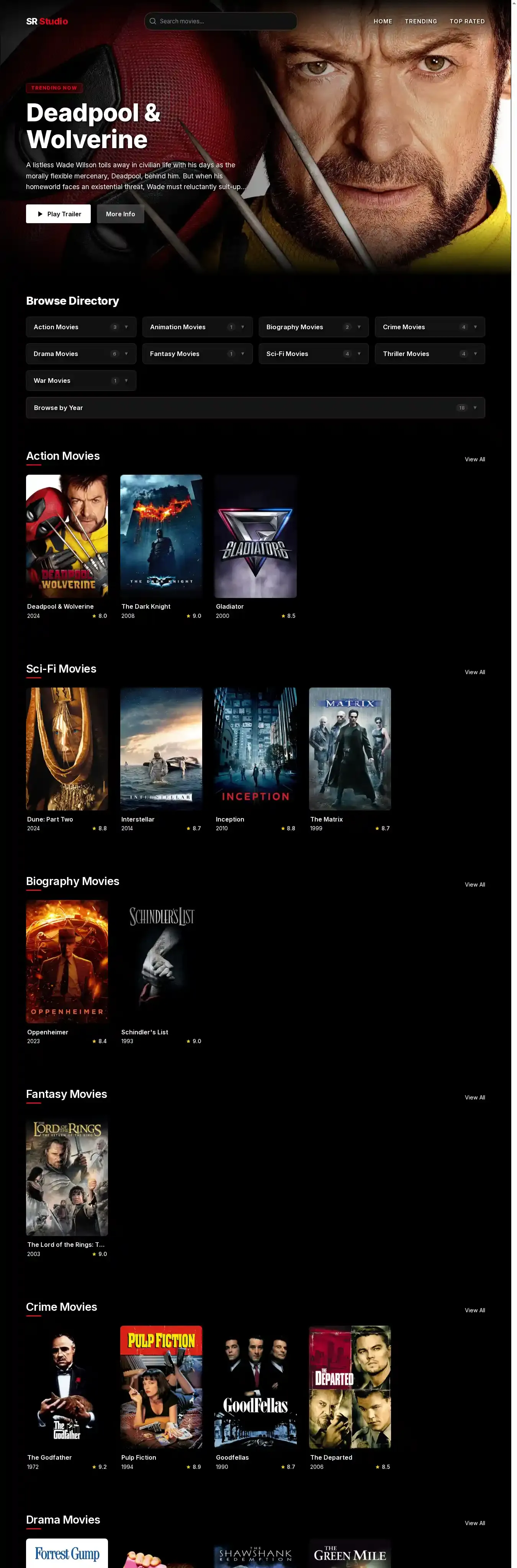 SR Stodio Movie home page on desktop