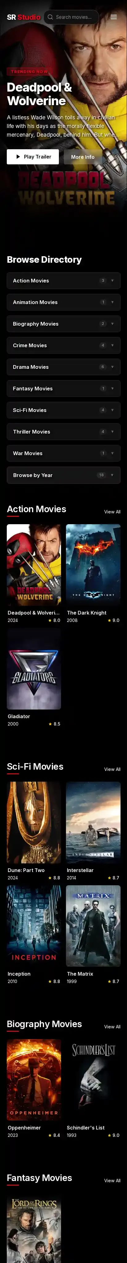SR Stodio Movie home page on mobile