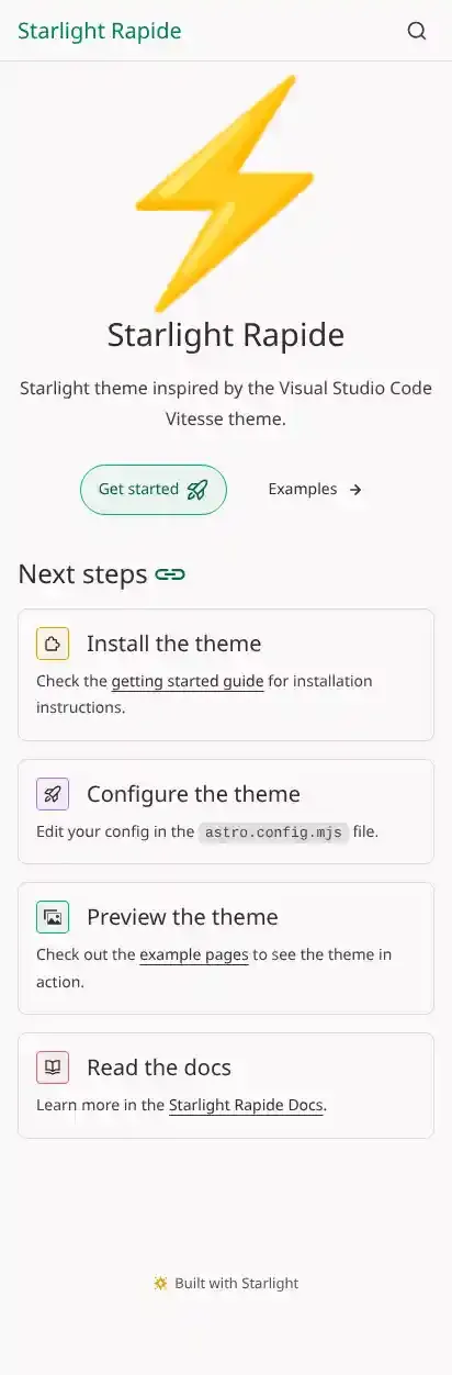 Starlight Rapide home page on mobile