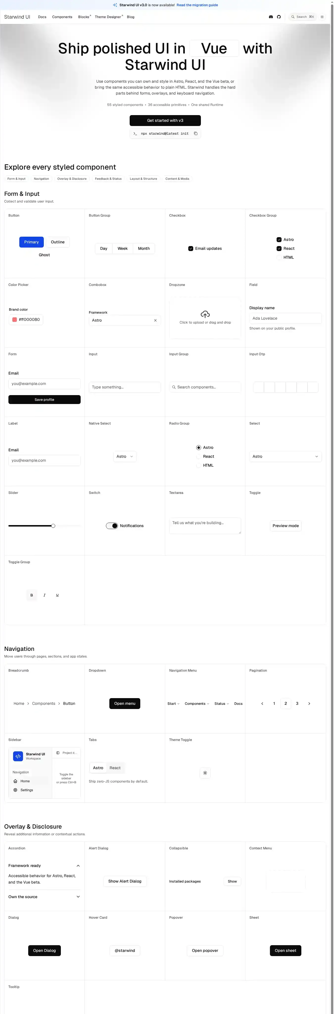 Starwind UI home page on desktop