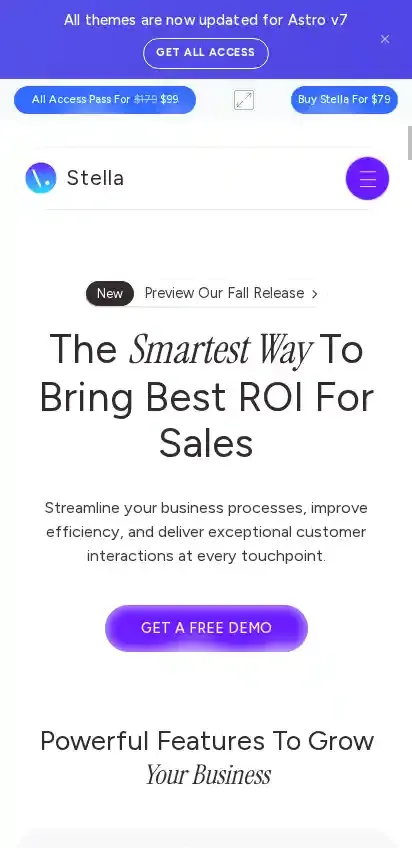 Stella home page on mobile