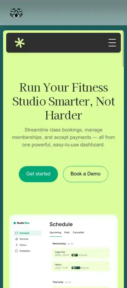 Studio Flow home page on mobile