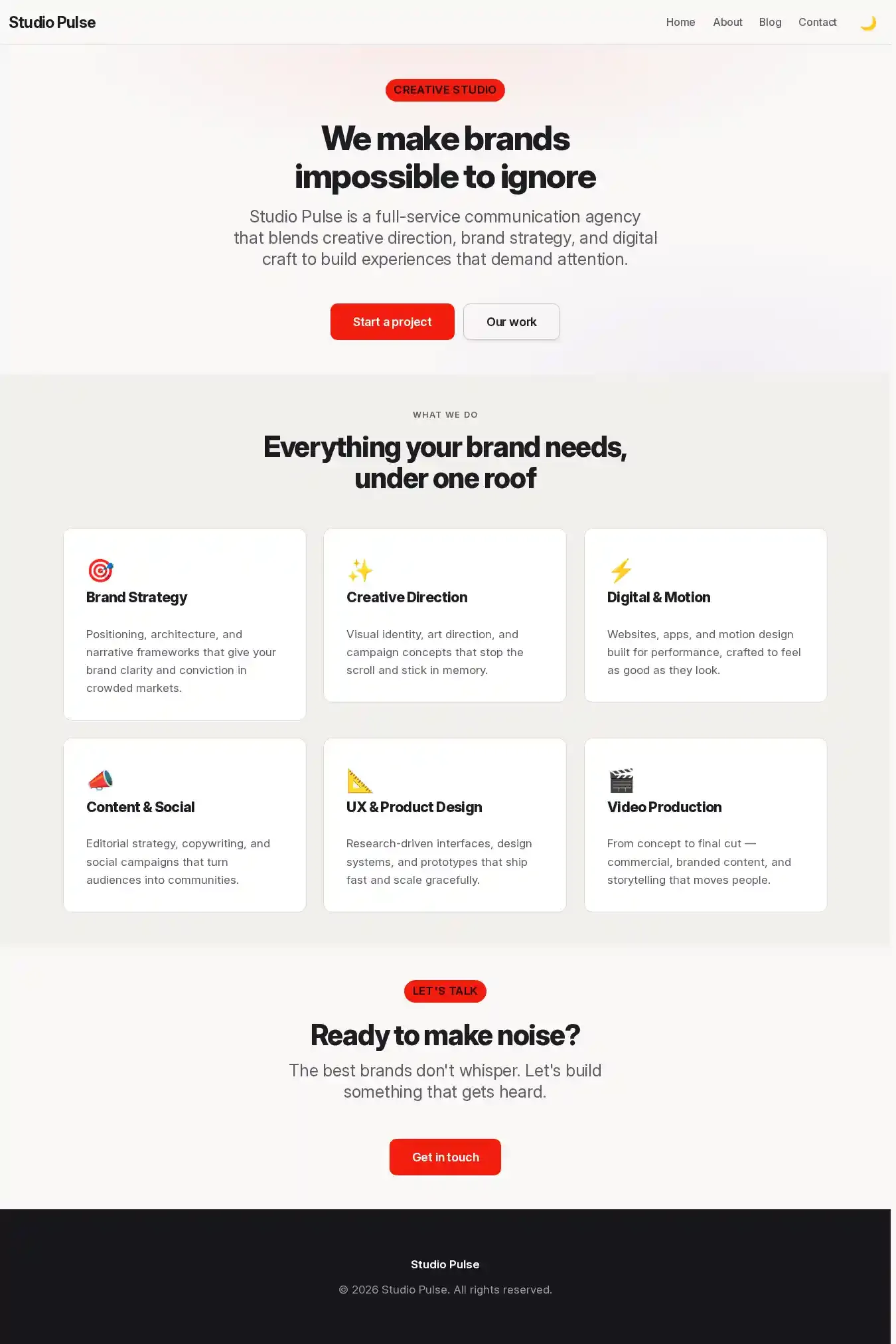 Studio Pulse home page on desktop