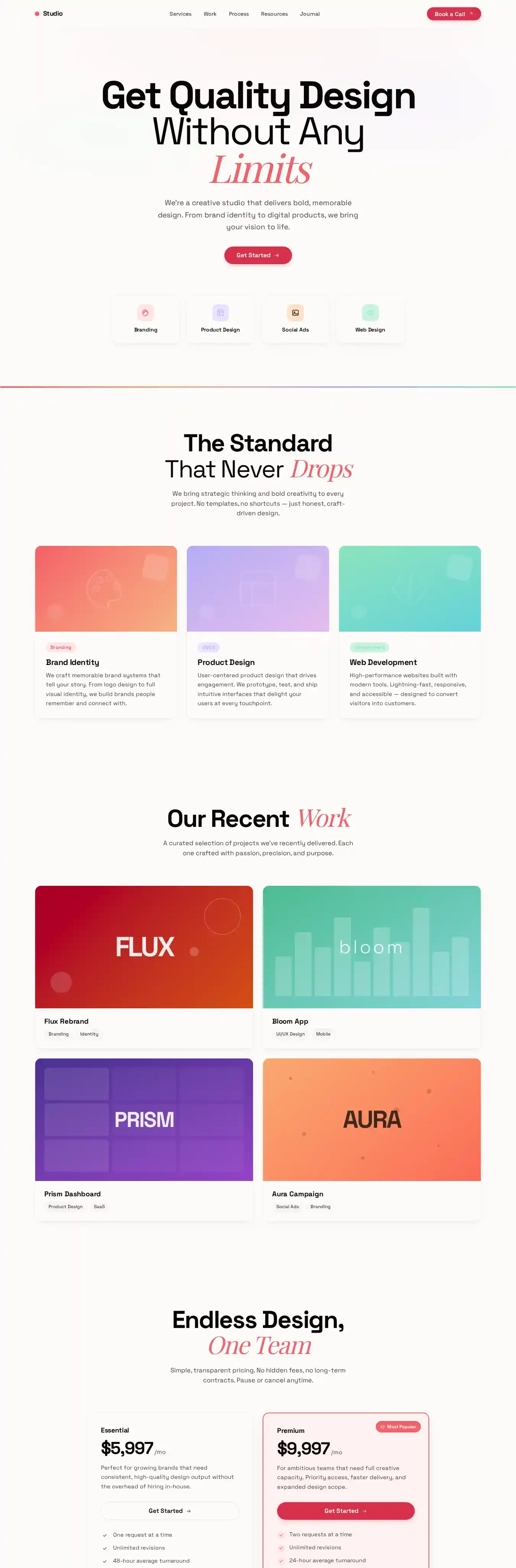 Studio home page on desktop
