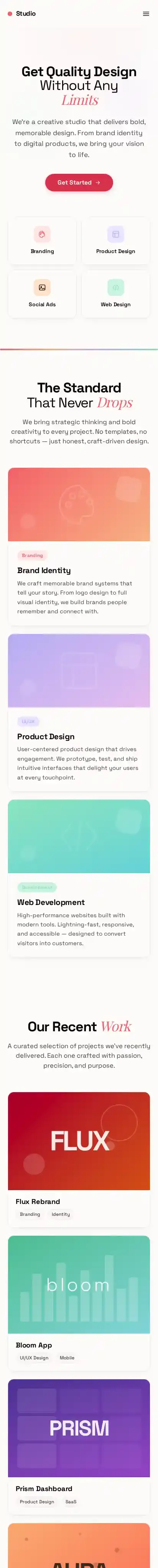 Studio home page on mobile