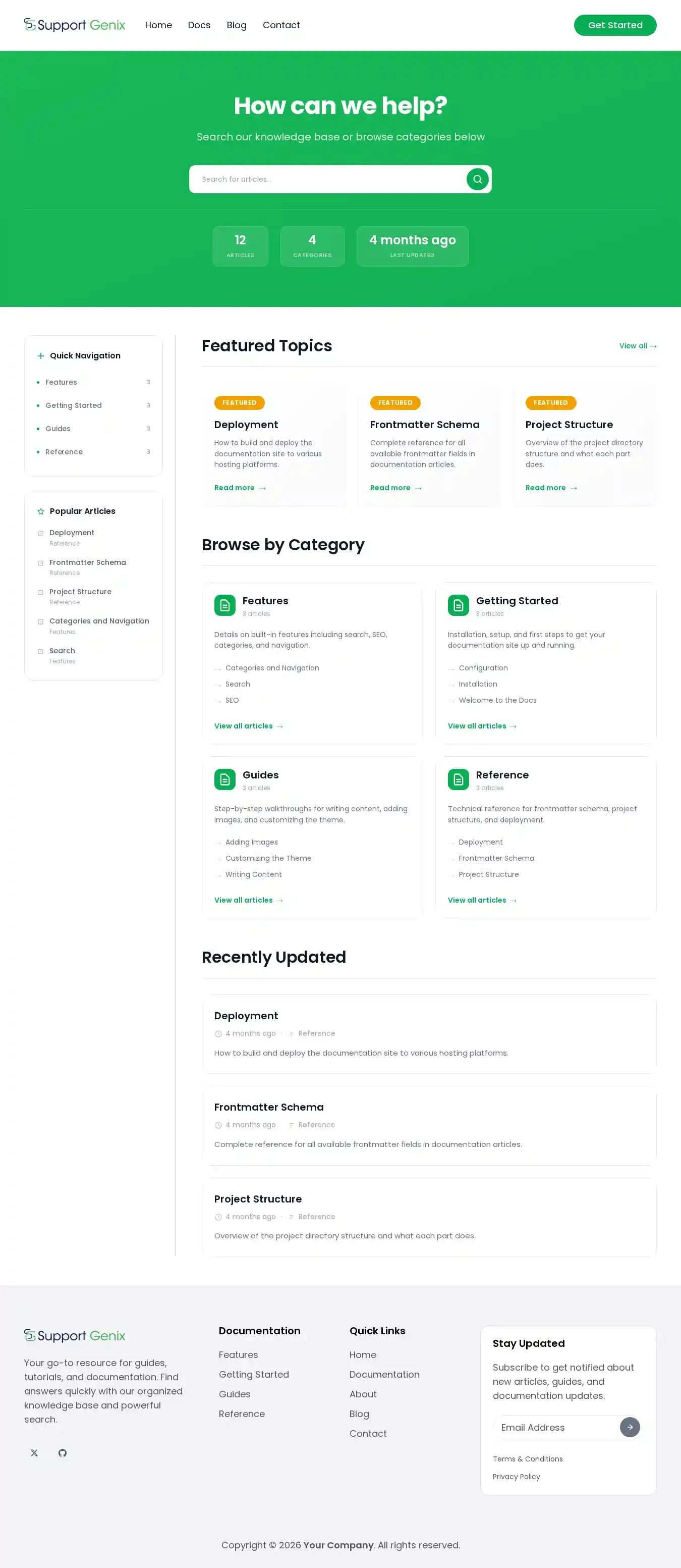 SupportGenix Docs home page on desktop