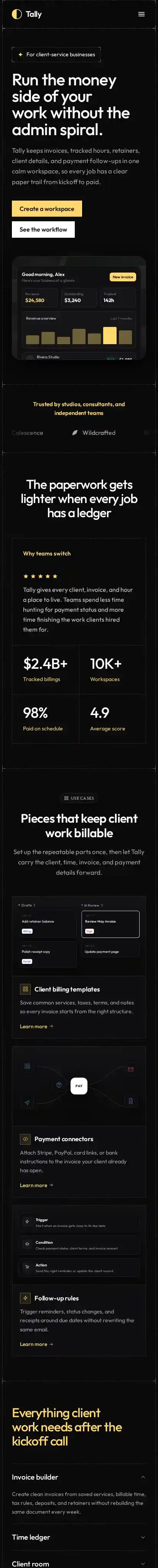 Tally home page on mobile