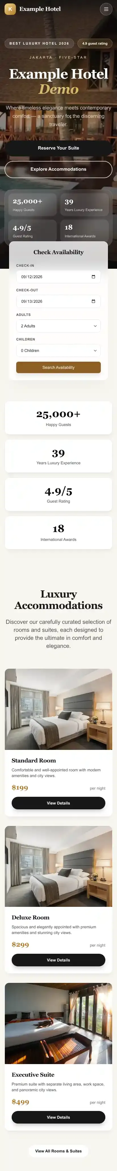 Example Hotel home page on mobile