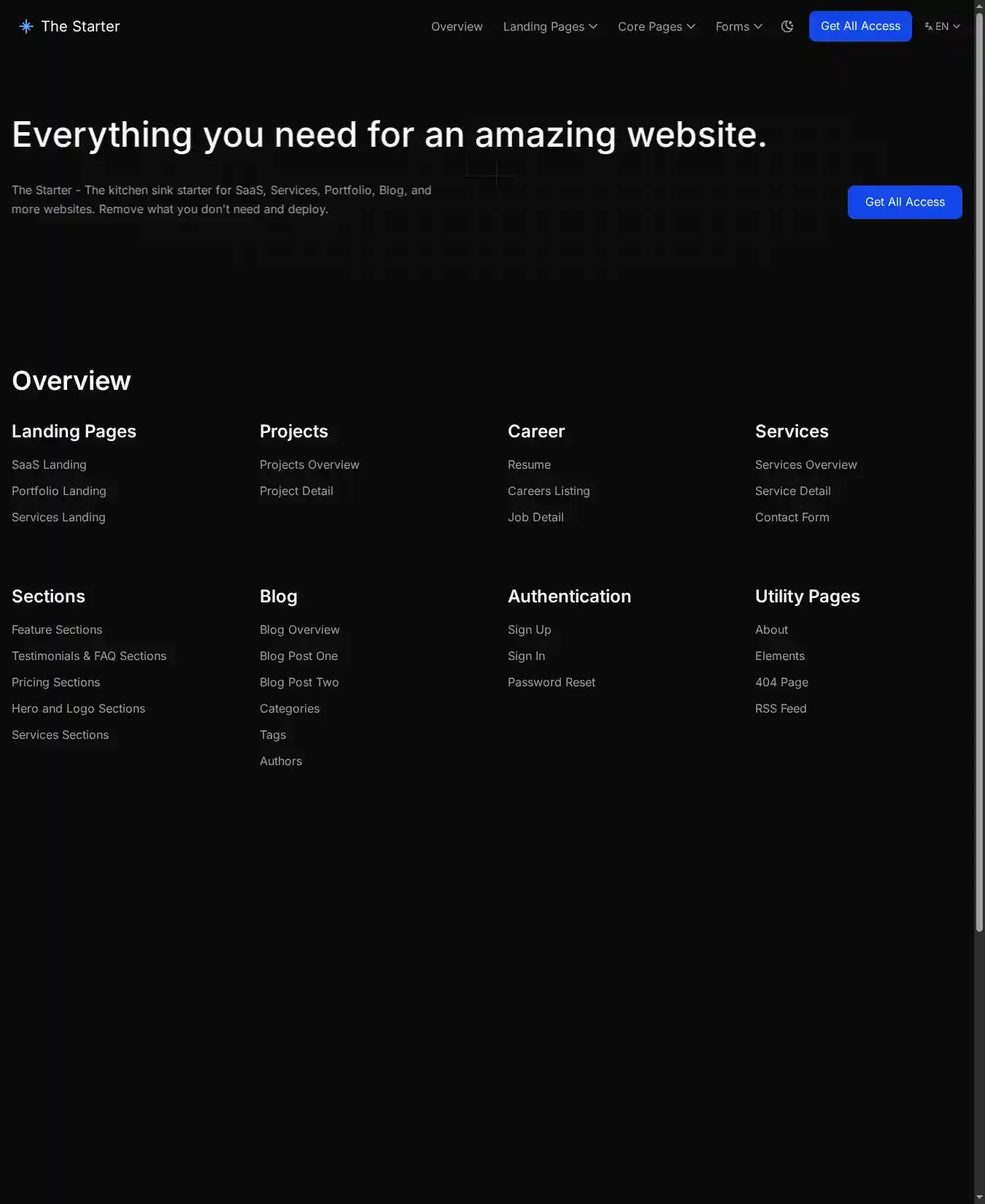 The Starter home page on desktop