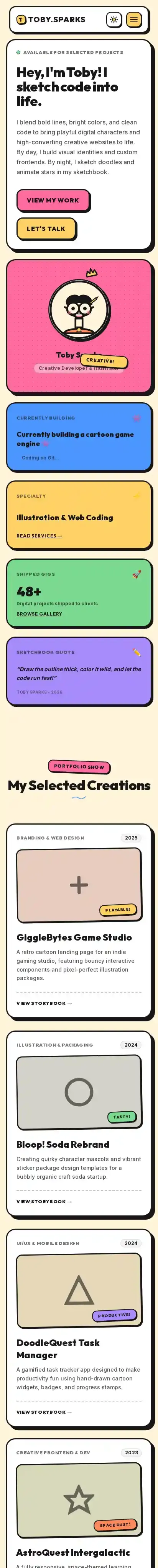 Toonfolio home page on mobile