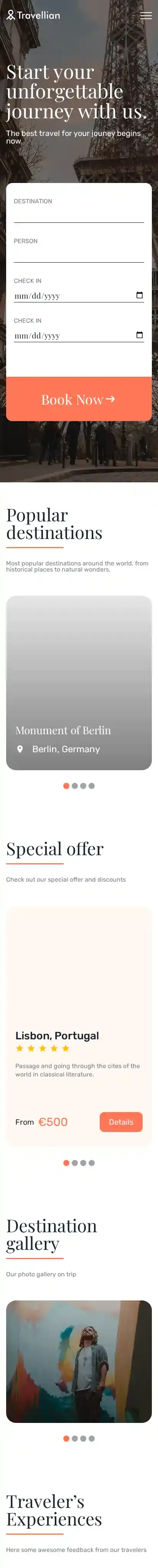 Travellian - Travel Agency Landing Page home page on mobile