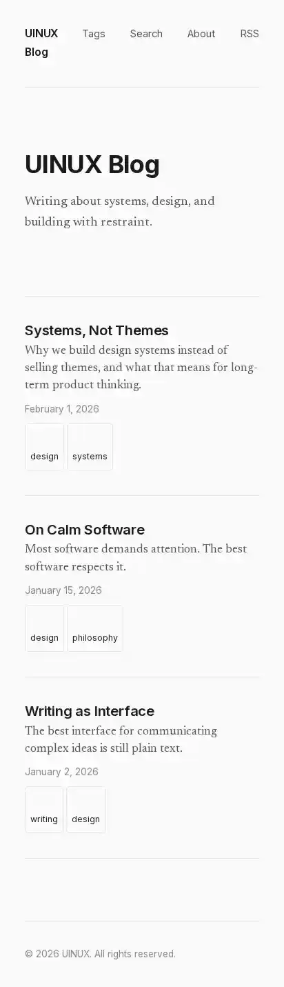 UINUX Blog home page on mobile