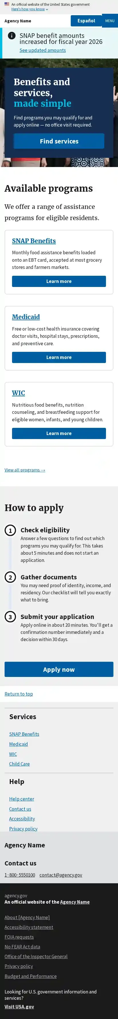U.S. Government USWDS Starter home page on mobile