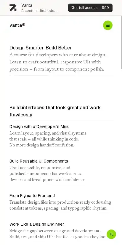 Vanta home page on mobile