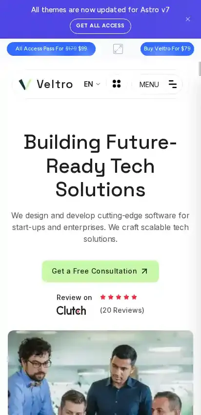 Veltro home page on mobile