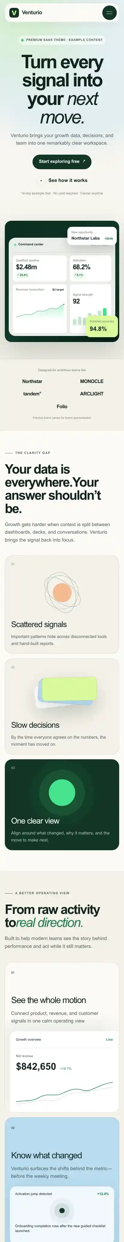 Venturio — SaaS & Startup Landing Page home page on mobile