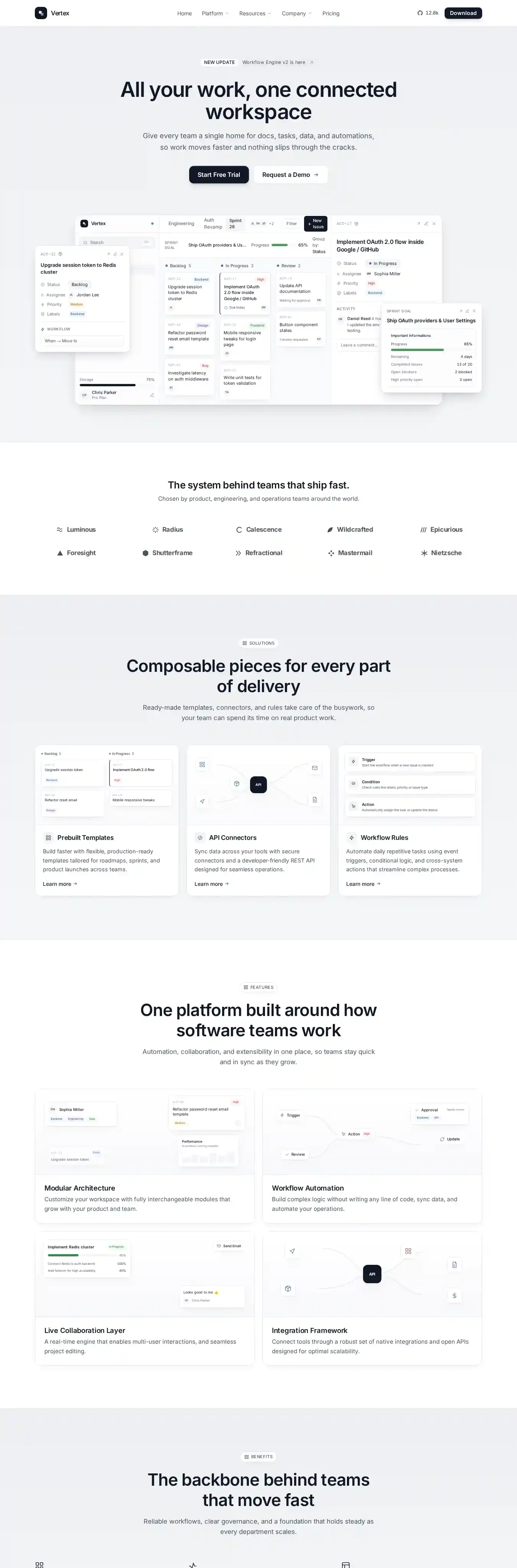 Vertex home page on desktop