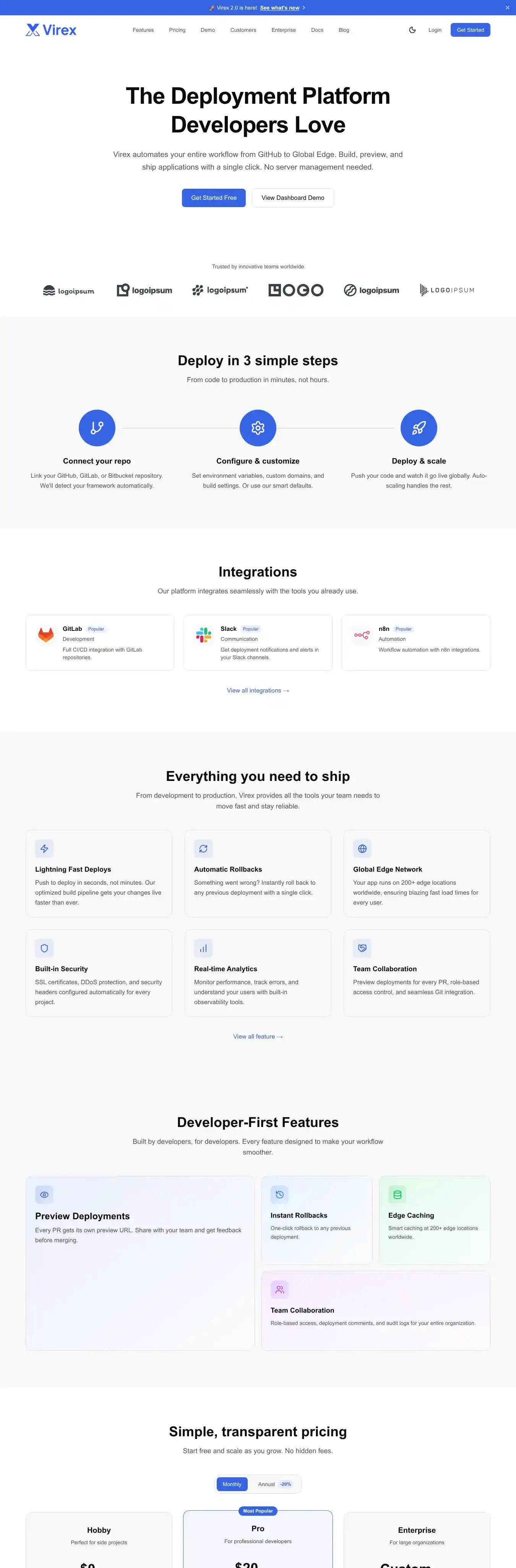 Virex home page on desktop